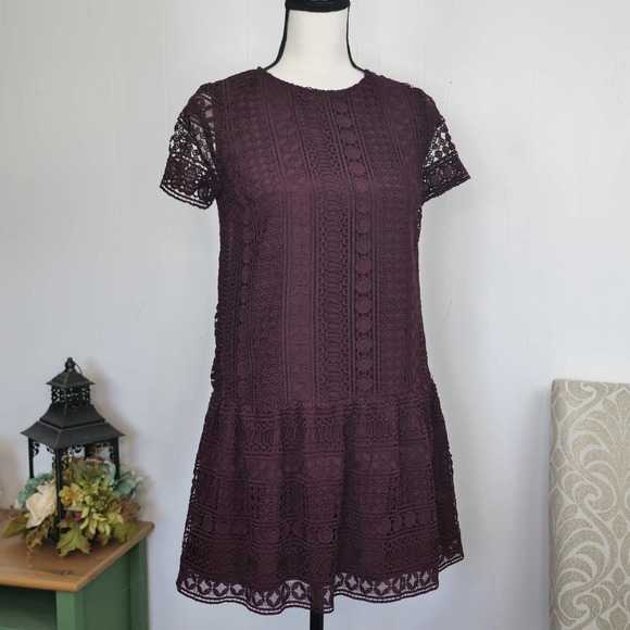 LOFT Plum Purple Lace Shift Dress Size 2P 2 Petite Short Sleeve Career Ruffle - Picture 6 of 6